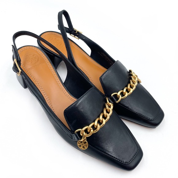 Tory Burch Mini Benton Charm Slingback Loafer Pumps Black Leather Chain Sz 7.5 - Picture 1 of 11